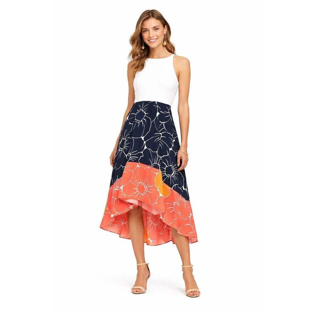 Anthropologie Hutch High Low Midi Sleeveless Dress White Floral Colorblock Small